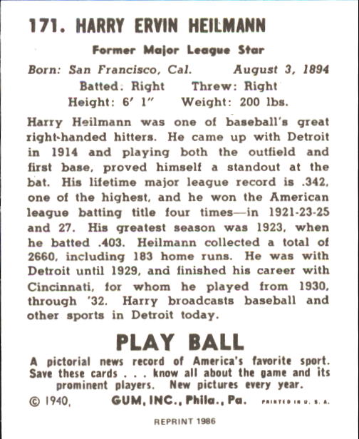 1940 Play Ball #171 Harry Heilmann back image