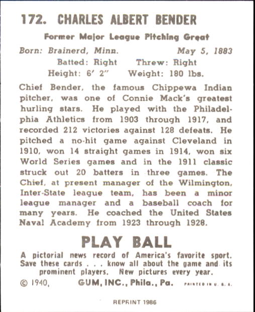 1940 Play Ball #172 Chief Bender back image