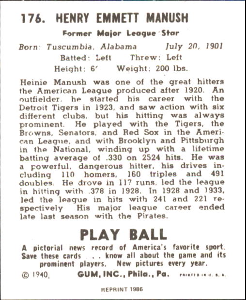 1940 Play Ball #176 Heinie Manush back image