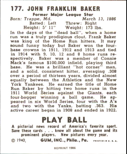 1940 Play Ball #177 Frank Baker back image