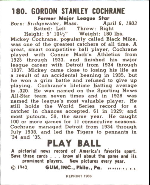 1940 Play Ball #180 Mickey Cochrane back image