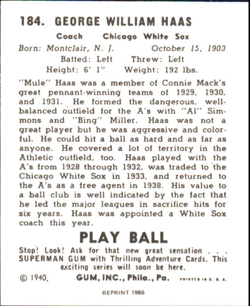 1940 Play Ball #184 Mule Haas back image