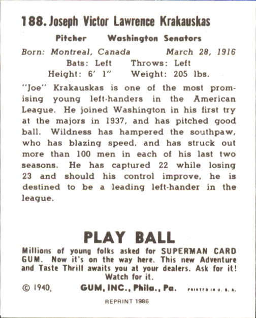 1940 Play Ball #188 Joe Krakauskas RC back image