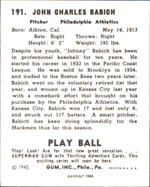 1940 Play Ball #191 John Babich RC back image