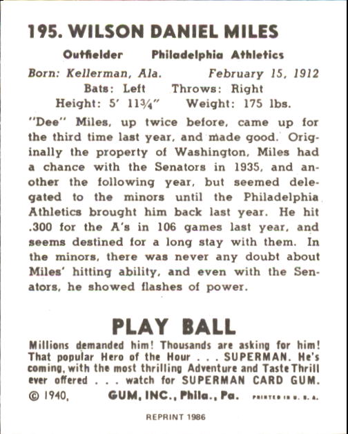 1940 Play Ball #195 Dee Miles RC back image