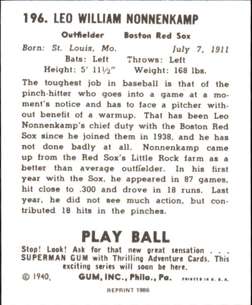 1940 Play Ball #196 Red (Nonny) Nonnenkamp RC back image