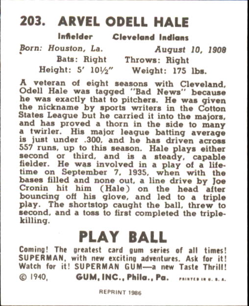 1940 Play Ball #203 Bad News Hale RC back image