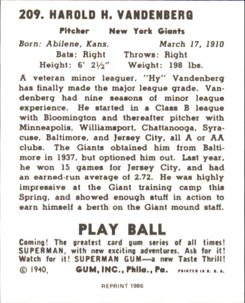 1940 Play Ball #209 Hy Vandenberg RC back image