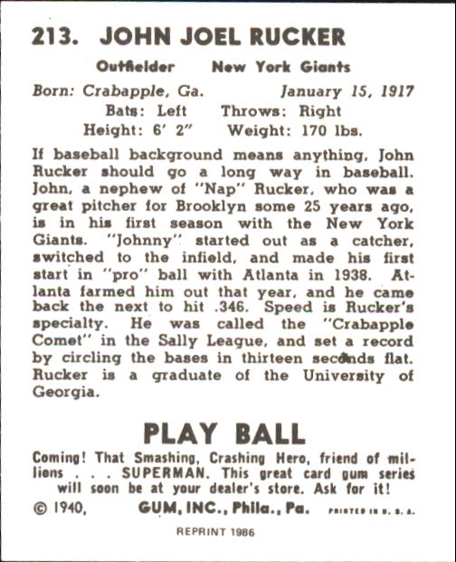 1940 Play Ball #213 John Rucker RC back image