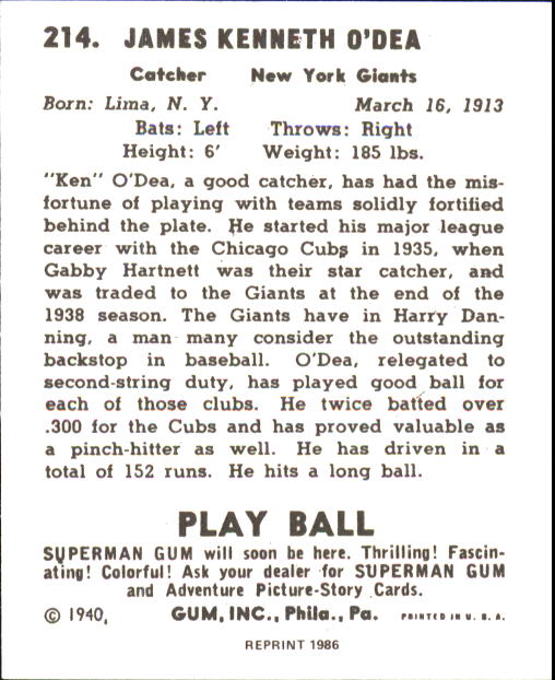1940 Play Ball #214 Ken O'Dea RC back image