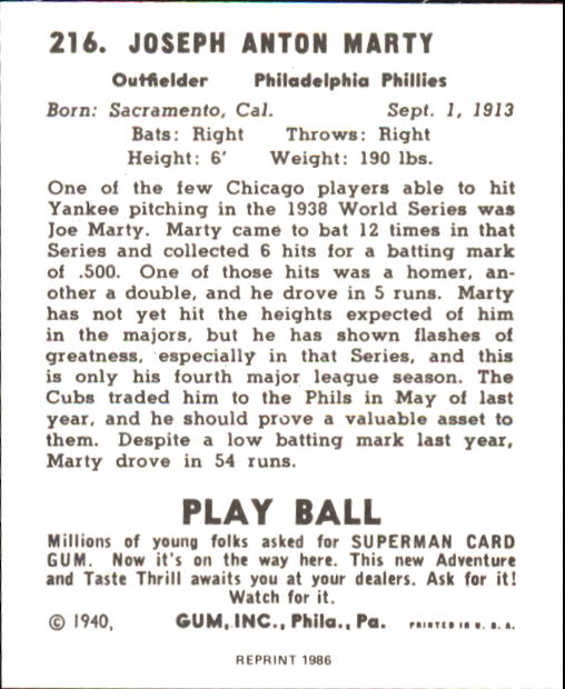 1940 Play Ball #216 Joe Marty RC back image