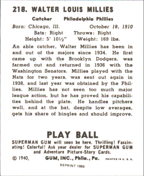 1940 Play Ball #218 Wally Millies RC back image