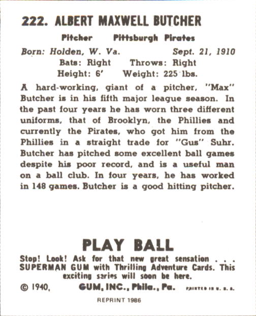 1940 Play Ball #222 Max Butcher RC back image