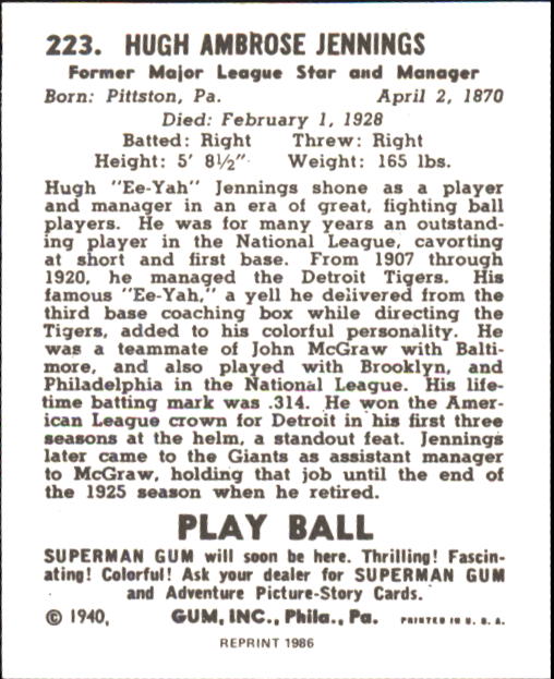 1940 Play Ball #223 Hughie Jennings back image