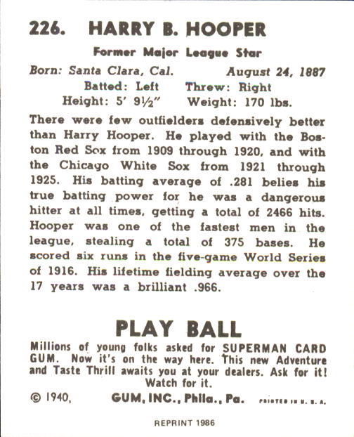 1940 Play Ball #226 Harry Hooper back image