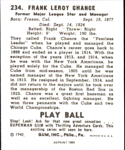 1940 Play Ball #234 Frank Chance back image