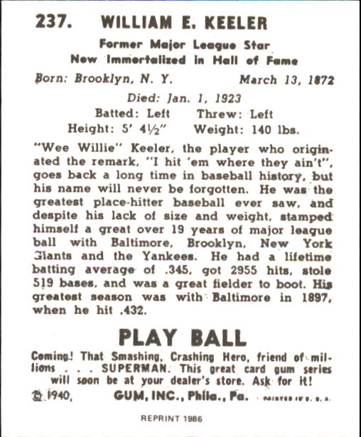 1940 Play Ball #237 Willie Keeler back image