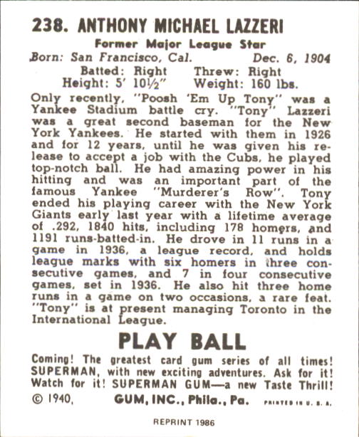 1940 Play Ball #238 Tony Lazzeri back image