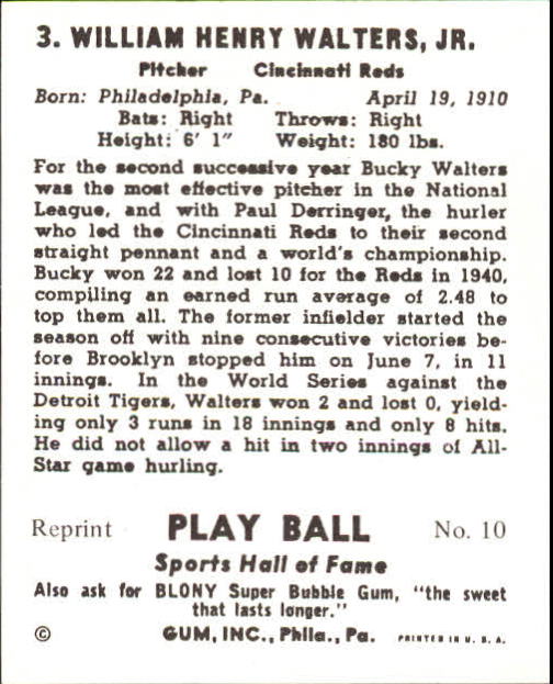 1941 Play Ball #3 Bucky Walters back image