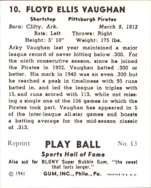 1941 Play Ball #10 Arky Vaughan back image