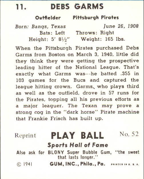 1941 Play Ball #11 Debs Garms back image