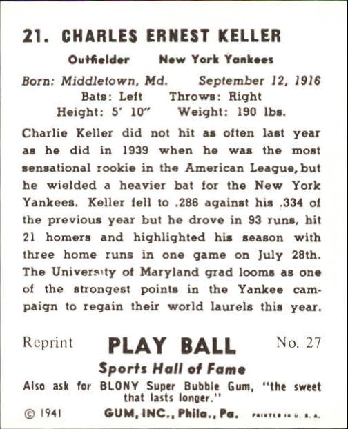 1941 Play Ball #21 Charlie Keller back image