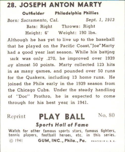 1941 Play Ball #28 Joe Marty back image