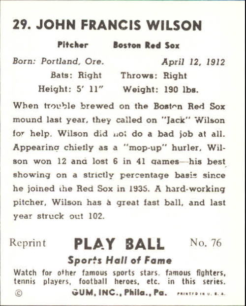 1941 Play Ball #29 Jack Wilson back image