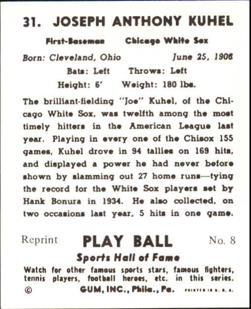 1941 Play Ball #31 Joe Kuhel back image
