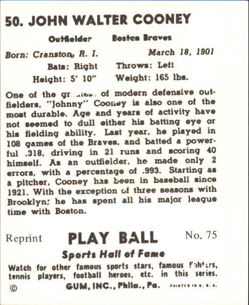 1941 Play Ball #50 Johnny Cooney back image