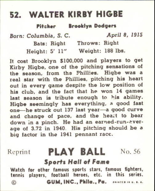 1941 Play Ball #52 Kirby Higbe RC back image