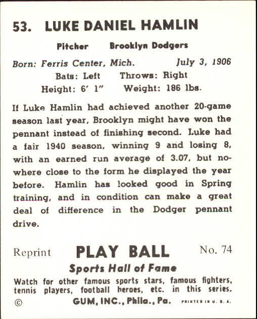 1941 Play Ball #53 Luke Hamlin back image