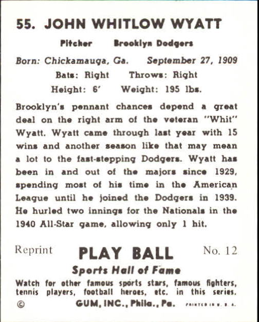 1941 Play Ball #55 Whit Wyatt back image