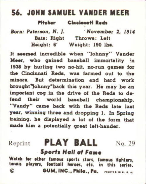 1941 Play Ball #56 Johnny VanderMeer RC back image