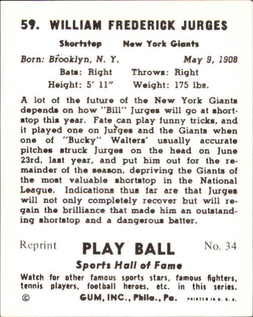 1941 Play Ball #59 Bill Jurges back image