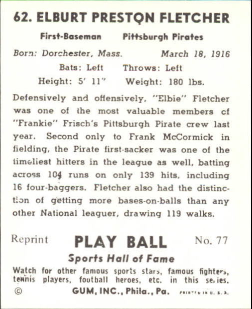 1941 Play Ball #62 Elbie Fletcher back image
