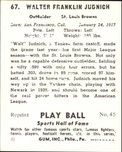 1941 Play Ball #67 Walt Judnich RC back image