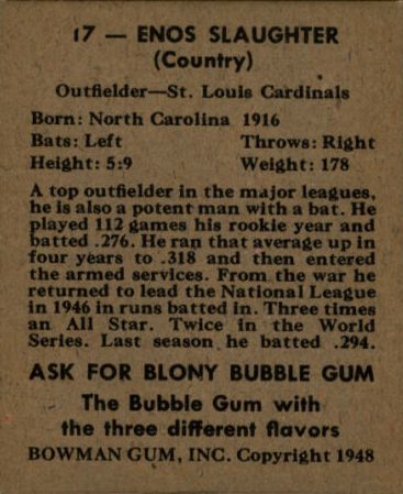 1948 Bowman #17 Enos Slaughter RC back image