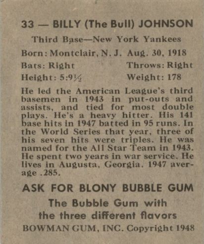 1948 Bowman #33 Bill Johnson RC back image