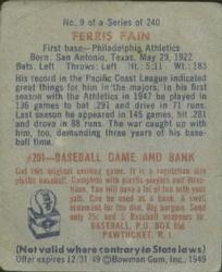 1949 Bowman #9 Ferris Fain back image