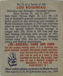 1949 Bowman #11 Lou Boudreau MG RC back image