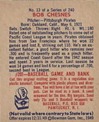 1949 Bowman #13 Bob Chesnes RC back image