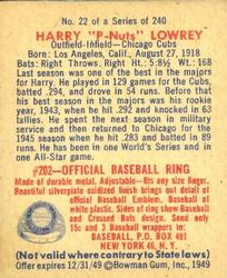 1949 Bowman #22 Peanuts Lowrey RC back image