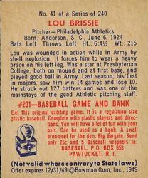 1949 Bowman #41 Lou Brissie RC back image