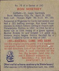 1949 Bowman #79 Ron Northey RC back image