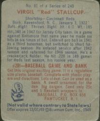 1949 Bowman #81 Virgil Stallcup RC back image