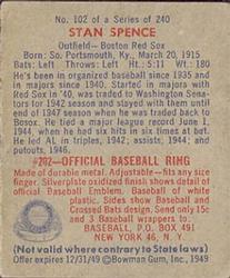 1949 Bowman #102 Stan Spence RC back image