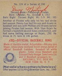 1949 Bowman #124A Danny Murtaugh Script RC(player name in script on back) back image