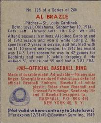 1949 Bowman #126B Al Brazle Print(player name in print on back) back image