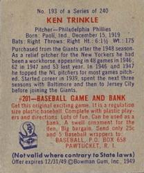 1949 Bowman #193 Ken Trinkle RC back image